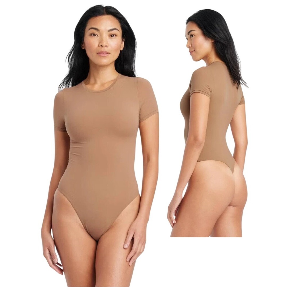 Auden‎ Women's Camel Brown Luxury Collection Short Sleeve Bodysuit Size Large